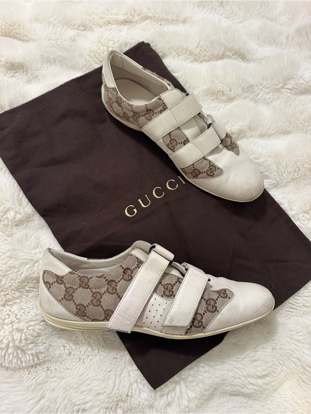 Gucci GG Canvas & White Leather Double Strap Sneakers 39.5 Authentic + Dust Bag